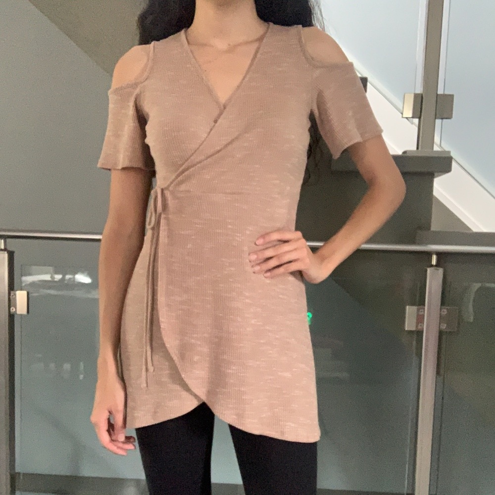 Ripe Taupe Cold-Shoulder Wrap Mini Dress